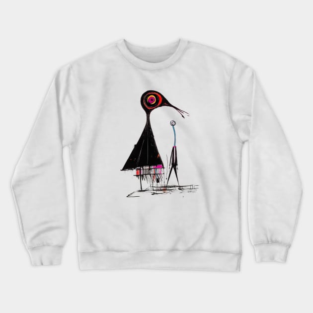 Whimsical Harmony: A Colorful Caricature Painting of a Black Bird with Abstract Design Crewneck Sweatshirt by naars90